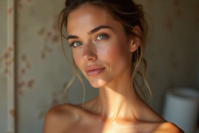 Beauté naturelle avec teint lumineux et regard captivant aux yeux verts