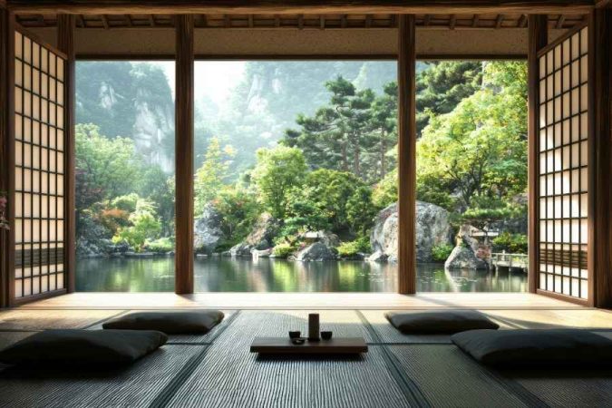 Un intérieur japonais traditionnel avec des tatamis et des coussins, créant une ambiance zen face à un jardin aquatique luxuriant.